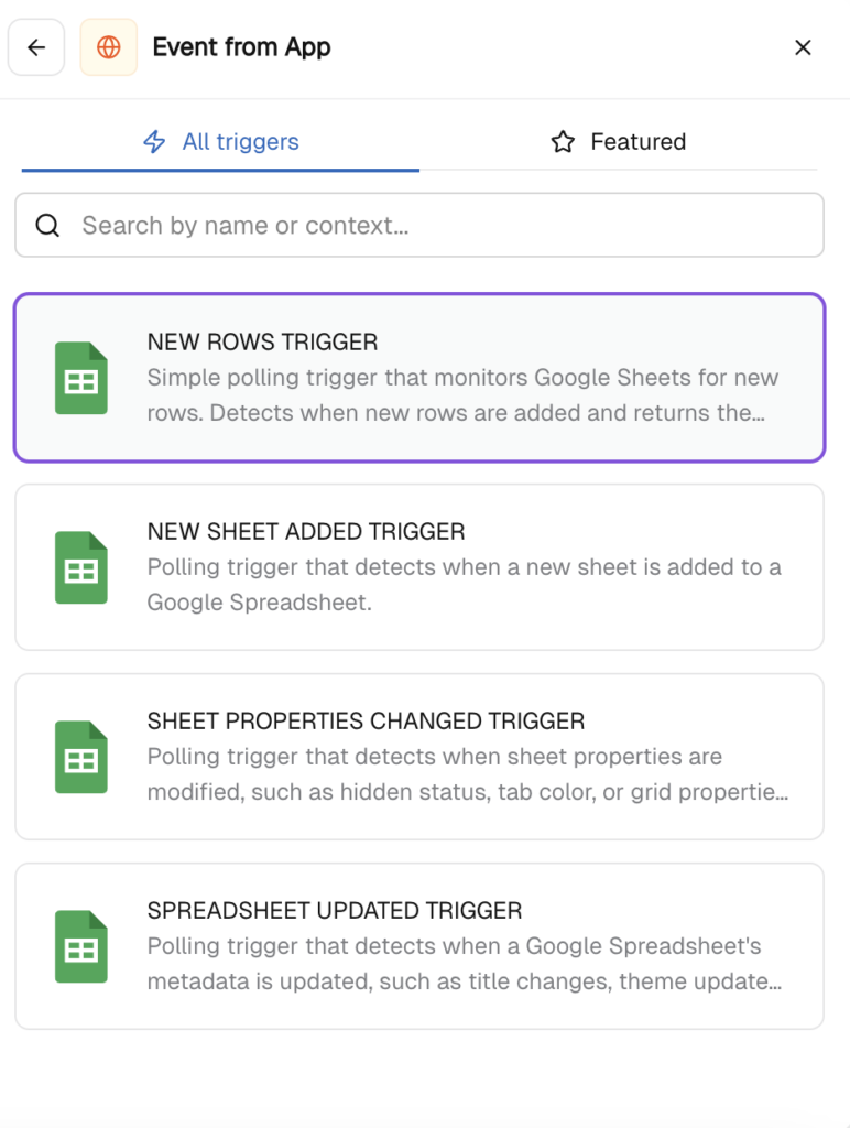 Event from App screen showing Google Sheets triggers with New Rows Trigger selected 